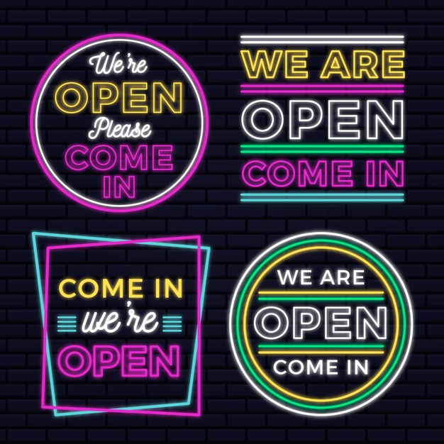 reopening,lockdown,reopen,set,collection,economic,concept,pack,theme,economy,symbol,sign,neon