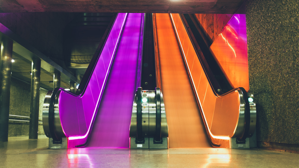 escalator,staircase,metro,subway,lights,neon,oslo,underground