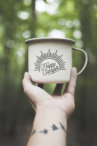 beverage,bokeh,camp,camping,close-up,coffee,container,cup,dawn,design,drink,focus,forest,hand,happy camper,holiday,mug,outdoors,rainforest,tattoo,word,Free Stock Photo