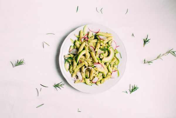 avocado,colorful,green,healthy,hero image,pasta,penne,top view,white background