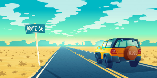 Free: cartoon landscape of barren desert with long highway. Car rides along  asphalt road to canyon 