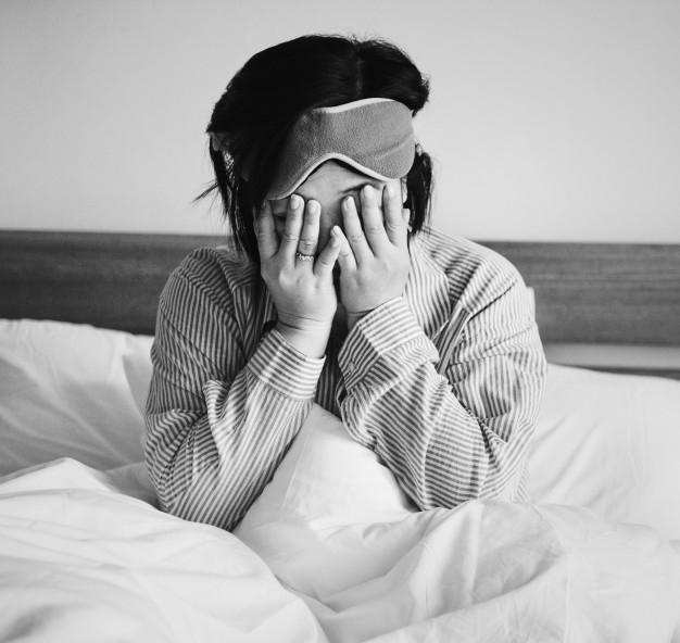 cover,black,eye,white,mask,bed,black and white,morning,bedroom,female,asian,disability,up,bug,blanket,monday,alone,adult,headache,mental