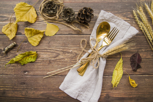 gold,table,leaflet,metal,yellow,white,wheat,decoration,creative,spoon,fork,wooden,wood table,rustic,tool,view,cutlery,top,top view,shiny