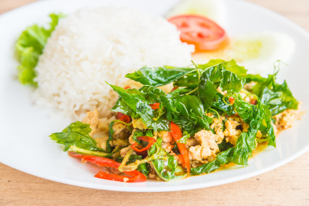 food,leaf,red,chicken,white,rice,egg,healthy,vegetable,thai,eat,healthy food,traditional,chili,hot,fresh,asian,meal,spicy,delicious,cuisine,basil,tasty,fried,stir,with