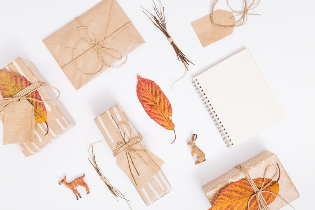 lay,gifting,composition,objects,giving,flat lay,concept,top view,top,beautiful,view,decorative,flat,present,celebration,leaves,autumn,tag,box,gift,label,birthday,ribbon