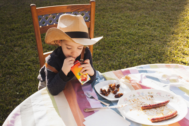 food,people,hand,paper,box,table,grass,kid,child,apple,person,drink,juice,hat,childrens day,chair,clothing,plate,package,fork