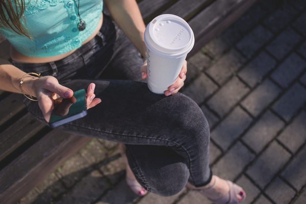 coffee to go,cup,drink,girl,hands,person,smartphone,woman,Free Stock Photo