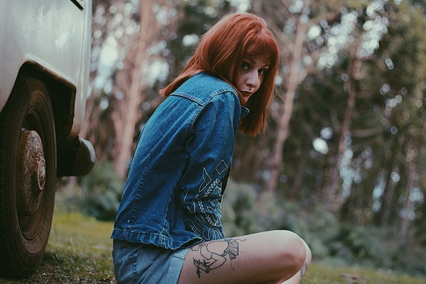 adult,beautiful,blur,car,denim jacket,depth of field,environment,fashion,female,focus,forest,girl,justifyyourlove,lady,model,nature,outdoors,person,photoshoot,redhead,sit,sitting,tattoo,tire,tyre,vehicle,wheel,woman,woods,Free Stock Photo