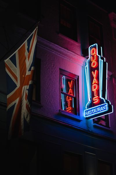 neon,night,neon sign,movie,man,alone,humanity,light,neon,restaurant,quo vadis,restaurant sign,neon sign,light sign,british flag,building,glow,red,dark,nighttime,drink,public domain images