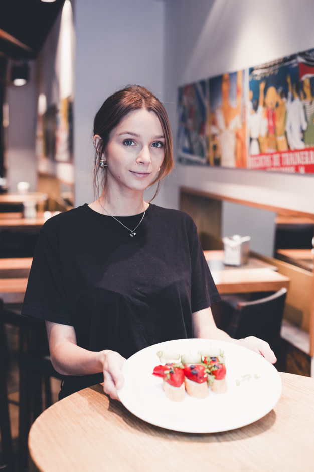 food,menu,restaurant,camera,table,luxury,work,cafe,job,plate,lady,female,young,dish,uniform,professional,beautiful,lovely,positive,fancy