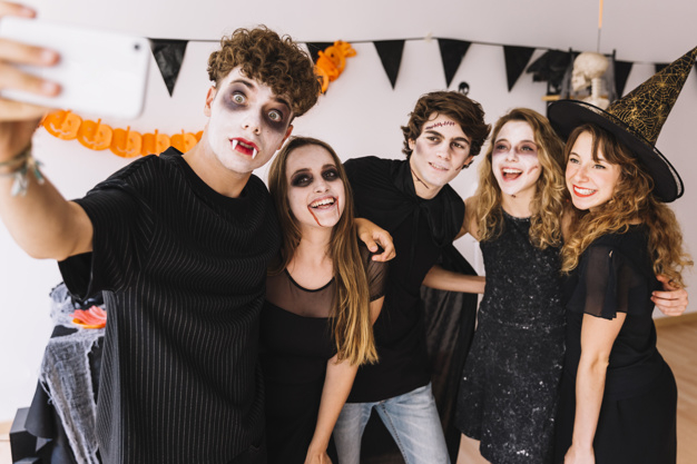 party,technology,halloween,autumn,celebration,orange,black,room,fall,blood,teenager,selfie,zombie,young,witch,masquerade,season,halloween party,bat,costume