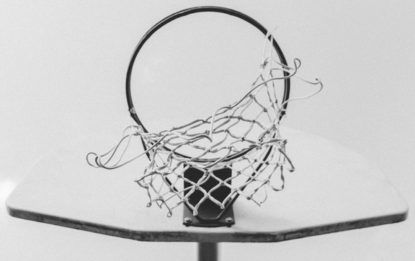 basketball basket,basketball hoop,basketball ring,black-and-white,low angle photography,monochrome,net