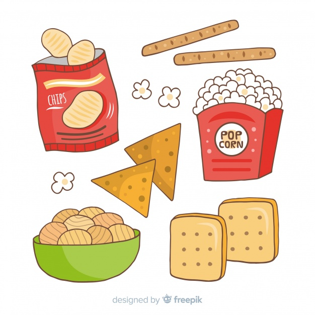 food,hand,hand drawn,cooking,bar,sweet,eat,popcorn,cookie,eating,snack,bucket,drawn,chips,pack,snacks,collection,delicious,tasty,snack bar