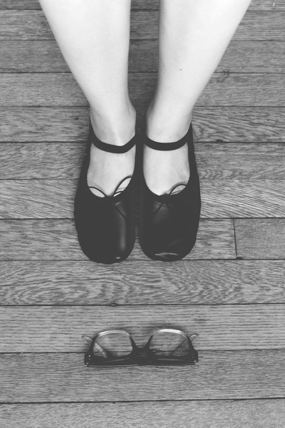 wood,shoes,parquet,girl,footwear,feet,eyeglasses,black-and-white,ballet shoes
