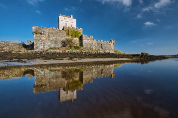 ancient,architecture,blue skies,body of water,building,castle,county donegal,daylight,doe castle,fortification,fortress,historic,historical,lake,landmark,landscape,reflection,river,sky
