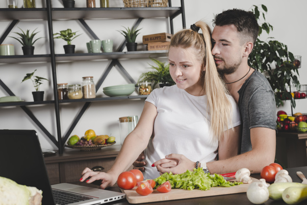 food,people,love,technology,man,kitchen,hair,laptop,smile,happy,internet,room,couple,board,white,communication,organic,search,vegetable,stand