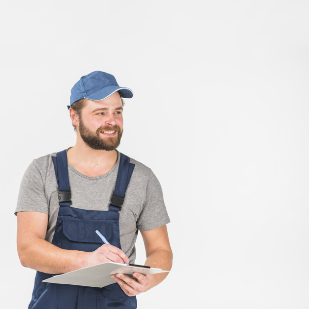 looking away,jumpsuit,square format,studio shot,copy space,wan,foreman,laborer,away,overall,joyful,brunette,format,cheerful,repairman,handsome,standing,looking,copy,smiling,technician,occupation,master,shot,handyman,adult,holding,guy,male,clipboard,paper background,square background,holding hands,background white,professional,uniform,young,modern background,studio,engineer,mechanic,writing,cap,service,document,background blue,beard,modern,worker,job,person,pen,white,square,clothes,happy,white background,space,blue,man,paper,hand,blue background,background