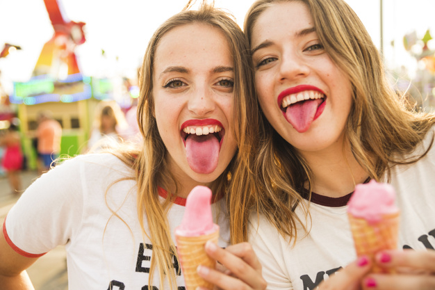 food,people,hair,beauty,ice cream,cute,smile,happy,carnival,friends,ice,park,sweet,mouth,fun,dessert,open,lady,cold,cream