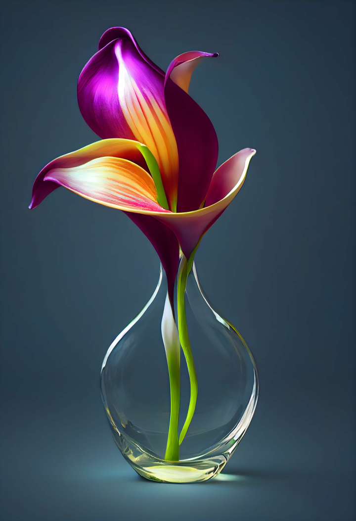 Free: AI generated flower with lush purple and orange petals in a crystal  vase on a gray background 