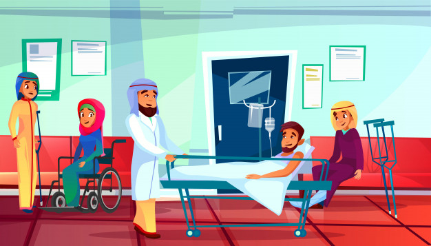 Free: Muslim doctor and patients illustration of man in medical reanimation  couch and women 