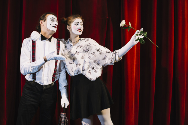 flower,people,man,character,paint,red,rose,face,art,bow,circus,makeup,white,umbrella,curtain,theater,life,female,together,young