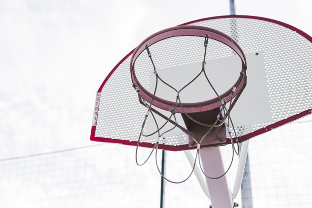 sport,sky,red,sports,basketball,metal,clouds,game,round,dot,play,basket,old,sphere,roll,competition,outdoor,net,view,iron