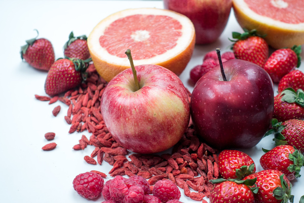 apple,fresh,fruit,goji,grapefruit,healthy,red,strawberries,white background