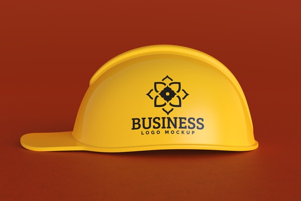 hat,construction,mockup,mock up,yellow,red,background,red background,logo