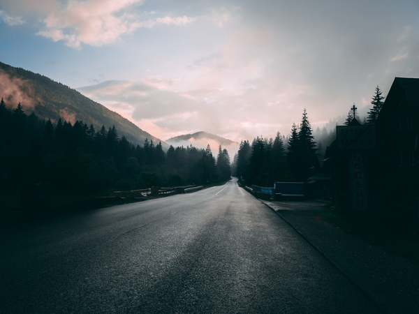 asphalt,fog,foggy,mountain,road,silhouette