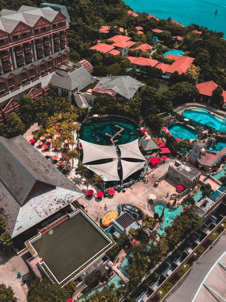 luxe,hotel,pool,portrait,flower,pink,kinetic,light,city,hotel,swimming pool,parasols,windows,buildings,rooftops,aerial view,sea,ocean,blue,red,cablecar,public domain images