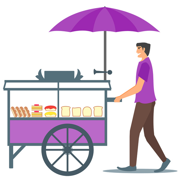 cart,illustration,cook,design,flat,food,mobile,street,street food,vendor,wheels,tent,shelter,sky,cartoon
