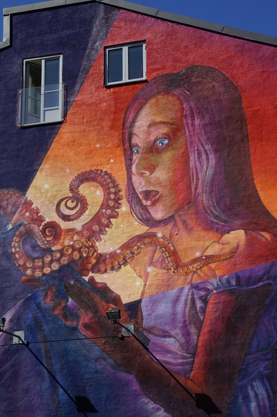 cc0,c1,home,house facade,painted,painting,artfully,art,building,facade,hauswand,mural,modern,colorful,woman,marvel,amazed,squid,octopus,tentacle,read,book,paint,free photos,royalty free