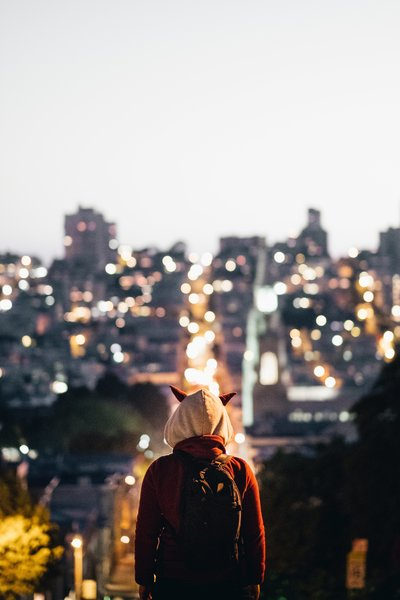  city,look,horn,hoodie,lights,person,sunset, backpack