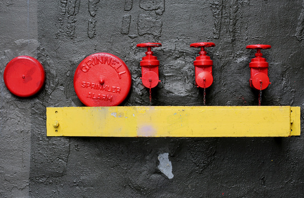 fire hydrant,alarm,sprinklers,red,yellow,wall