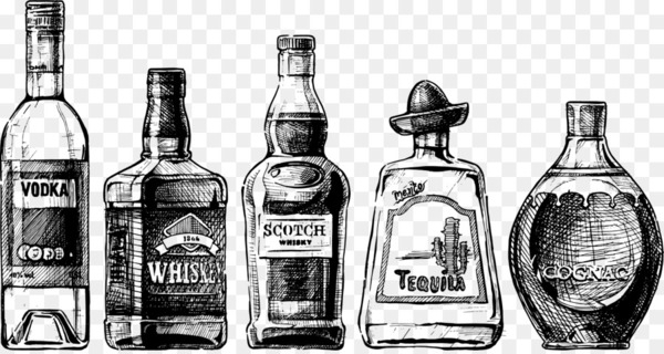 whisky,vodka,distilled beverage,gin,brandy,cognac,tequila,soju,alcoholic drink,bottle,drink,drawing,alcohol,glass bottle,liqueur,alcoholic beverage,monochrome,brand,black and white,png