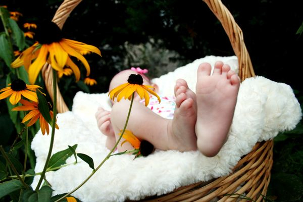 baby,feet,basket,flowers,family