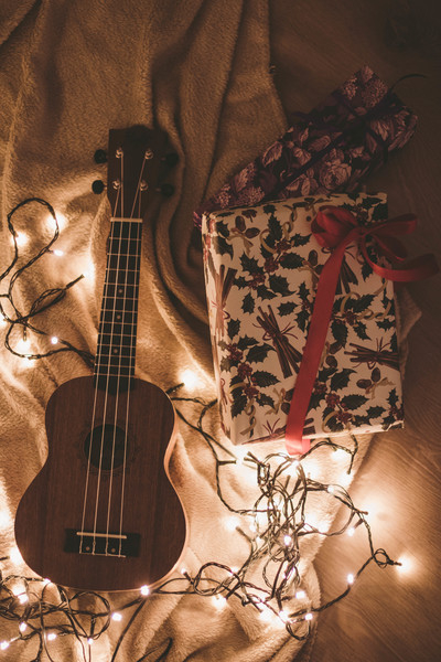 public domain images,wood,vintage,stringed instrument,string instrument,retro,present,play,musician,musical instrument,music,lights,instrument,indoors,guitar,gift,from above,concert,classic,christmas lights,blanket,art,adult