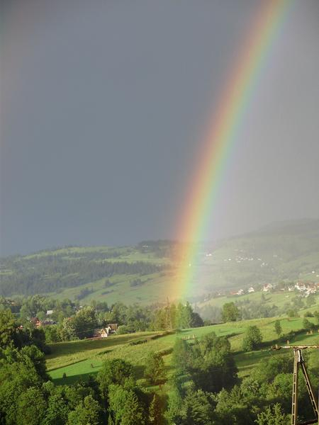 rainbow,rain,lanscape,light,green,jellow,sun,summer,poland,mountains