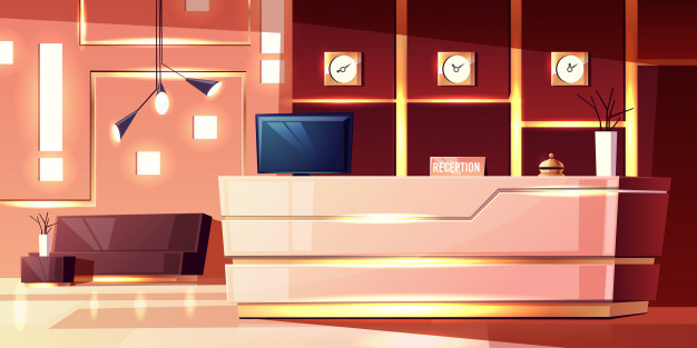 Free: Cartoon background of hotel reception, cozy foyer. modern desk,  illumination of empty hall. 