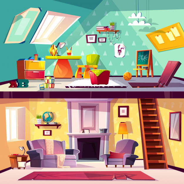 Free: Cross section background, cartoon interior of child playroom on  attic, living room 