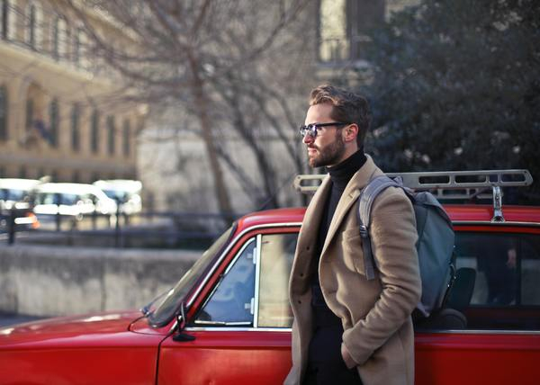 man,bear,street,red,car,handsome,fashion,glasses,waling,city,people,male,transport,backpack