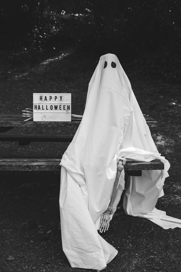 halloween,forest,autumn,black,happy,person,white,eyes,black and white,bone,ghost,skeleton,horror,sitting,bench,costume,dead,happy halloween,scary,october