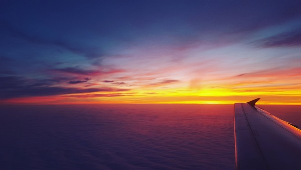 aircraft,airplane,aviation,dawn,dusk,flight,horizon,ocean,sea,silhouette,sky,sunrise,sunset,travel,water,Free Stock Photo