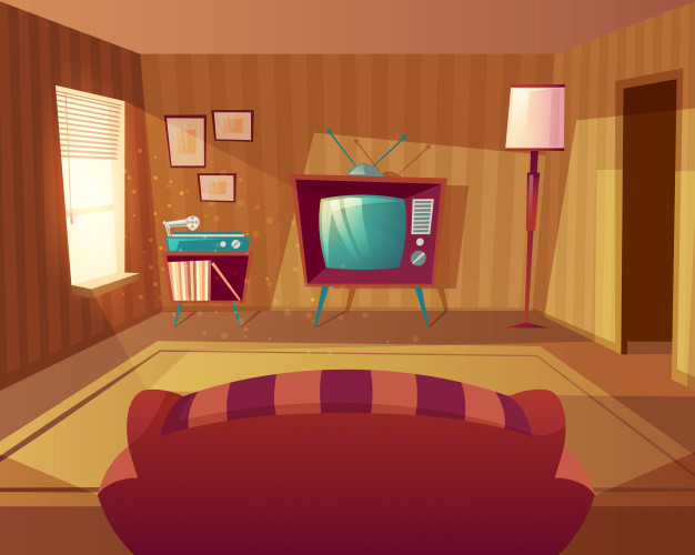 Free: illustration of cartoon living room. Front view from sofa to TV set,  vinyl player. 