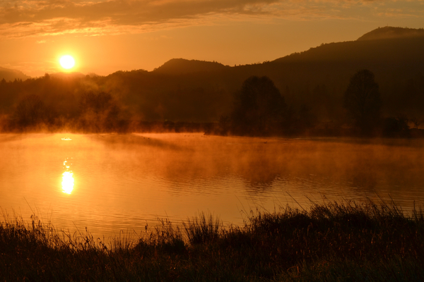 cc0,c4,sunrise,pond,fog,steam,hills,water,grass,free photos,royalty free