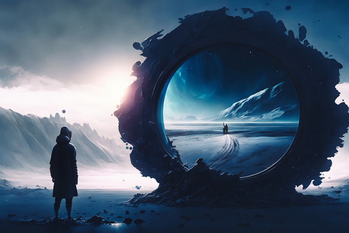 time travel,futuristic,concept,fantasy,sci-fi,sky,illustration,graphic,imagination,background,person,modern,scene,nature,travel,mirror,black,model,light,technology,perspective,mystery,city,night,dark,sphere,art,abstract,dream,design,storm,clouds,man,ai generated,midjourney