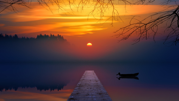 river,lake,boat,quiet,sunset,orange,trees,fog,foggy,sunrise