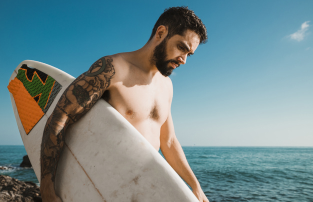 summer,man,sport,blue,sea,sky,space,tattoo,vacation,weather,walking,relax,young,view,lifestyle,blue sky,male,surfboard,guy,sunny