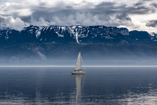 boat,clouds,cloudy,fog,foggy,island,landscape,mist,ocean,outdoors,sail,sail boat,sailing,scenic,sea,seascape,water,watercraft,Free Stock Photo