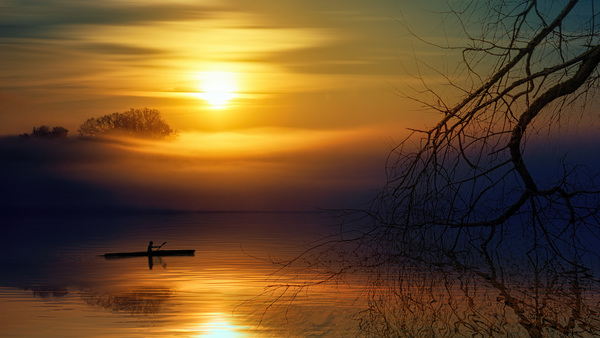 river,sunset,fog,foggy,boat,reflection,mirror,nature,landscape